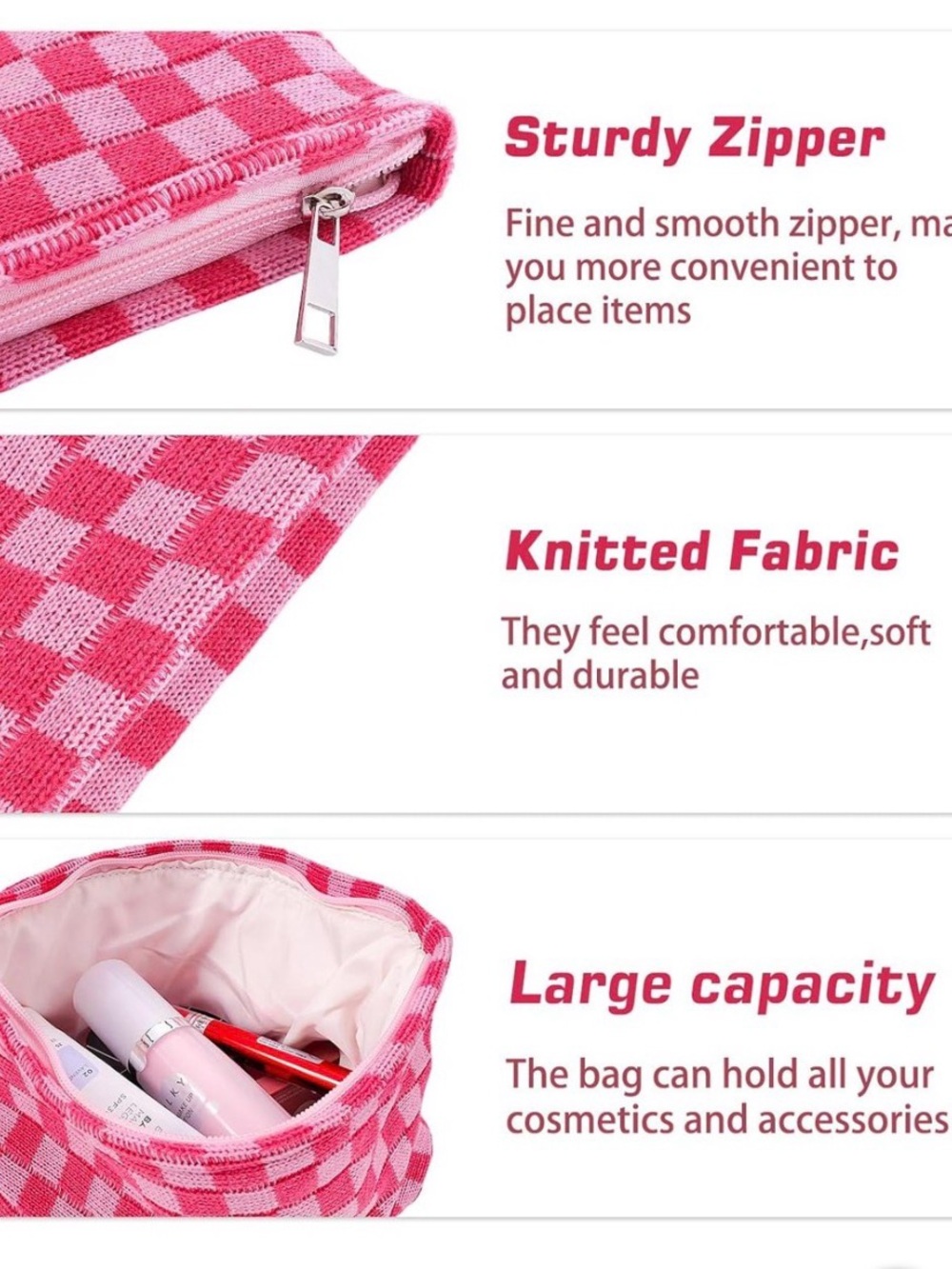 Pink Checkered Cosmetic Pouch – Women’s Makeup Bag - Picture 2 of 6